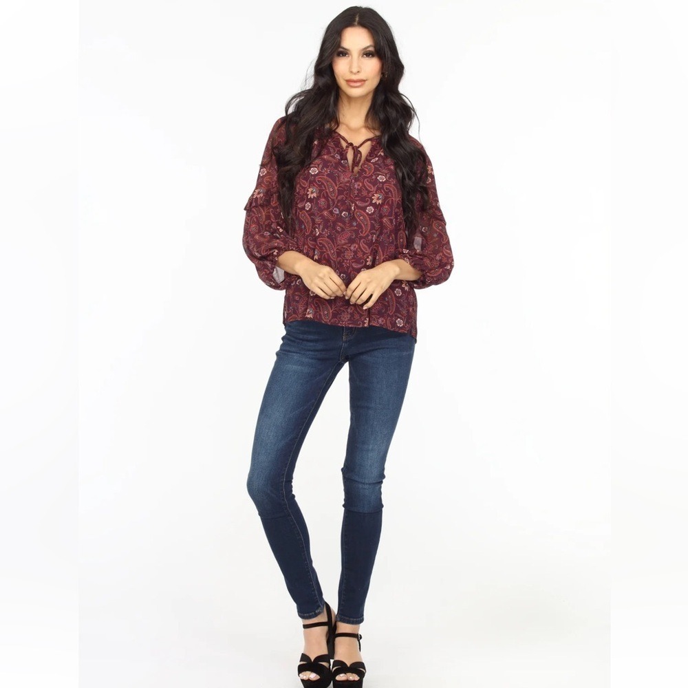 Veronica M Burgundy Paisley Chiffon Tie Neck Balloon Sleeve Ruffle Blouse Small
